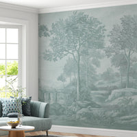 A high-resolution detail of the Vintage Countryside Landscape Wallpaper, showcasing the fine, etched-style line work and rich tonal gradients of the trees and ancient stone bridge. The image highlights the sophisticated Teal palette and the subtle, painterly texture of the sky and water.