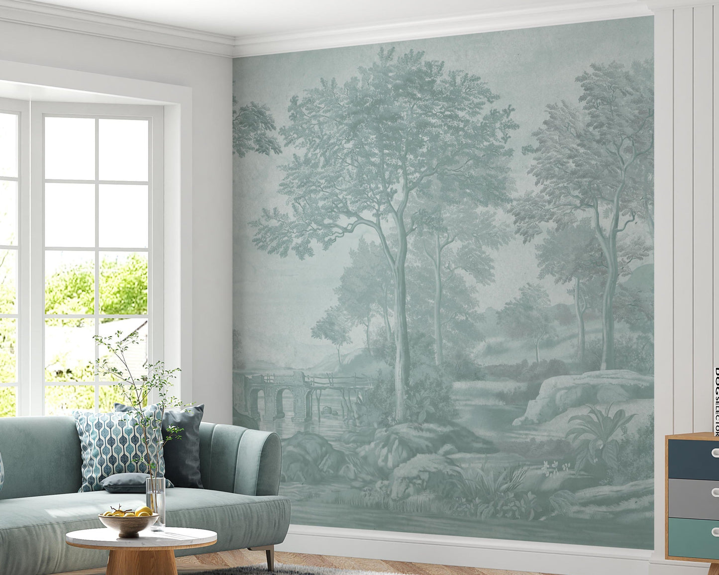 A high-resolution detail of the Vintage Countryside Landscape Wallpaper, showcasing the fine, etched-style line work and rich tonal gradients of the trees and ancient stone bridge. The image highlights the sophisticated Teal palette and the subtle, painterly texture of the sky and water.