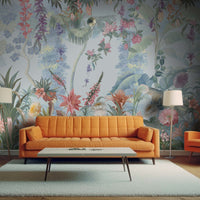 Baby blue vintage floral retreat mural wallpaper botanical wall design in modern living room.