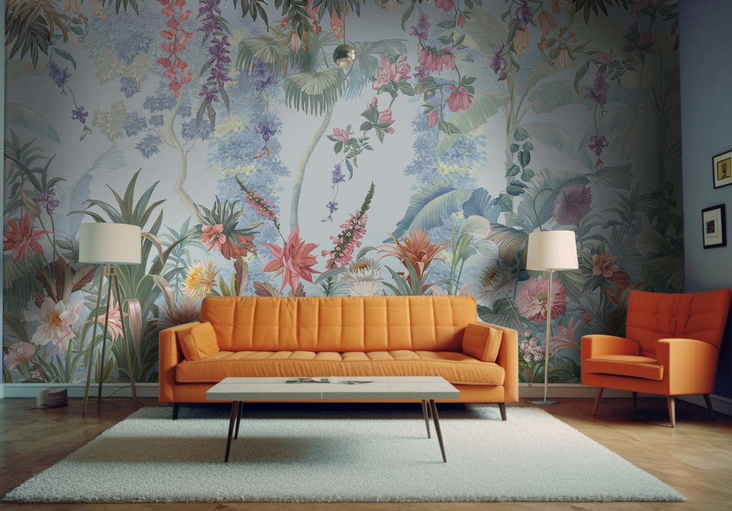 Baby blue vintage floral retreat mural wallpaper botanical wall design in modern living room.