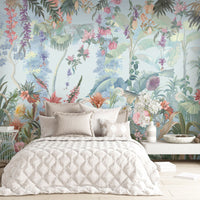 Baby blue vintage floral retreat mural wallpaper botanical wall design in modern living room.
