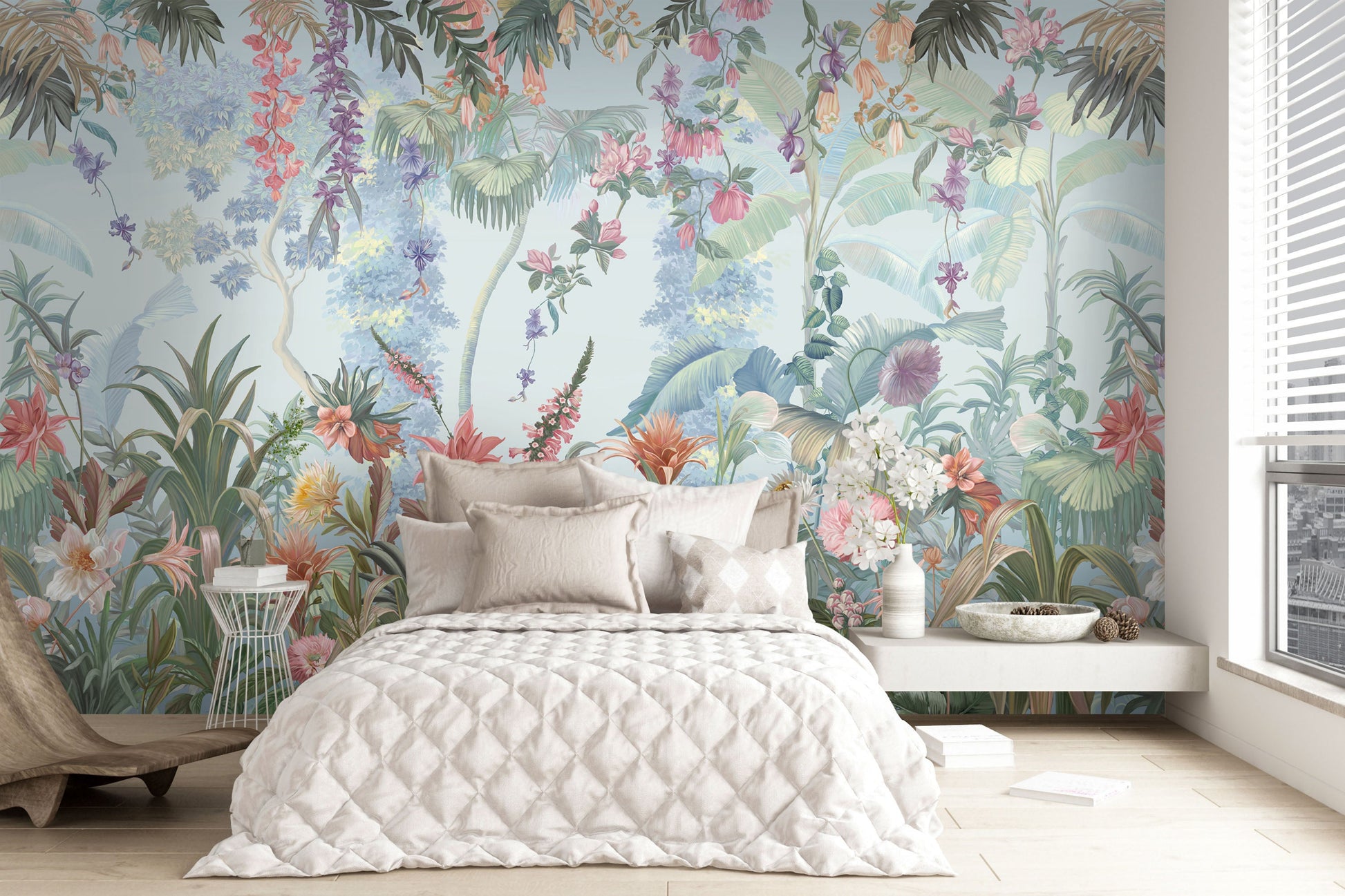 Baby blue vintage floral retreat mural wallpaper botanical wall design in modern living room.
