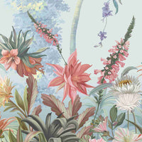 Baby blue vintage floral retreat mural wallpaper botanical wall design in modern living room.