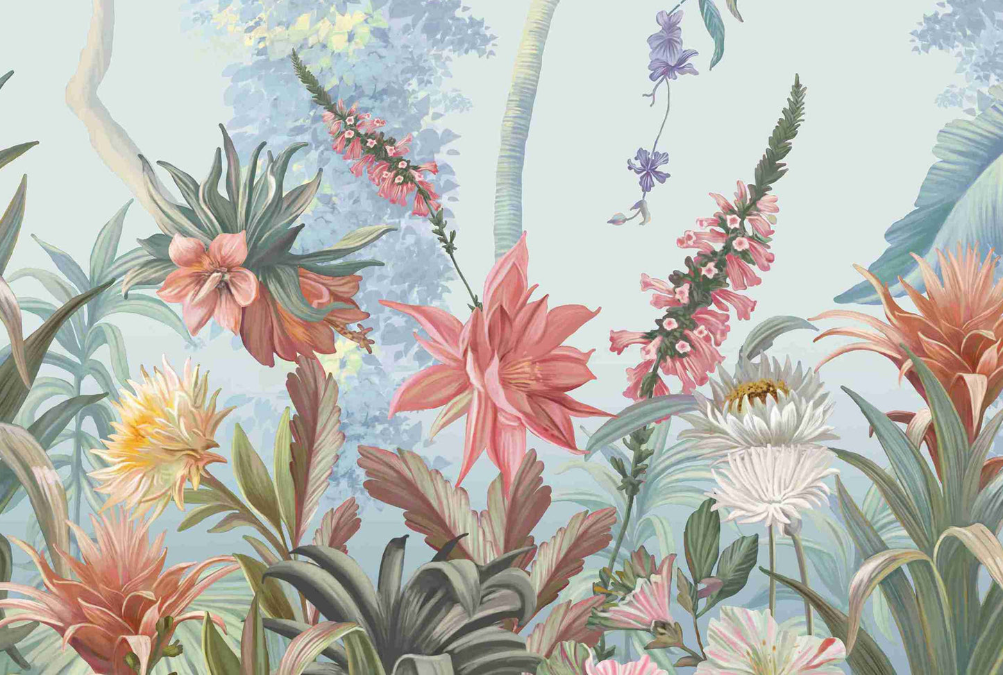 Baby blue vintage floral retreat mural wallpaper botanical wall design in modern living room.