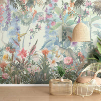 Pastel mint green vintage floral retreat mural wallpaper botanical wall design in modern living room.