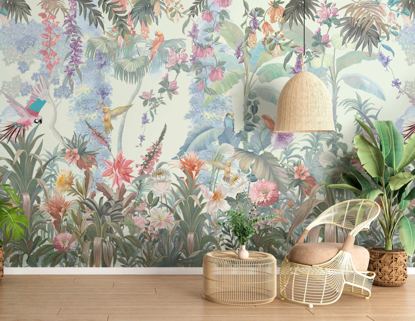 Pastel mint green vintage floral retreat mural wallpaper botanical wall design in modern living room.
