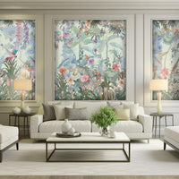 Pastel mint green vintage floral retreat mural wallpaper botanical wall design in modern living room