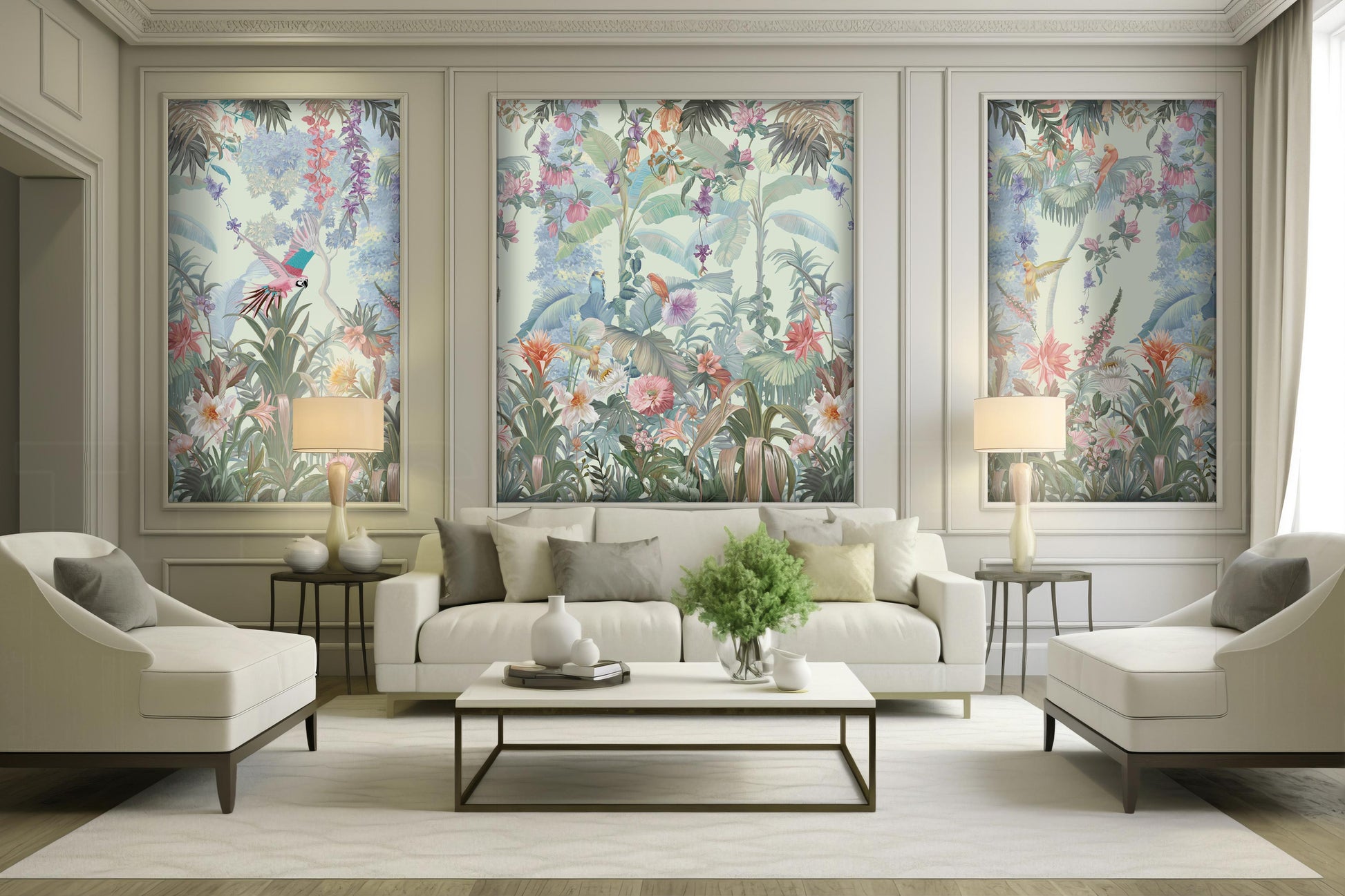 Pastel mint green vintage floral retreat mural wallpaper botanical wall design in modern living room