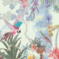Pastel mint green vintage floral retreat mural wallpaper botanical wall design in modern living room.