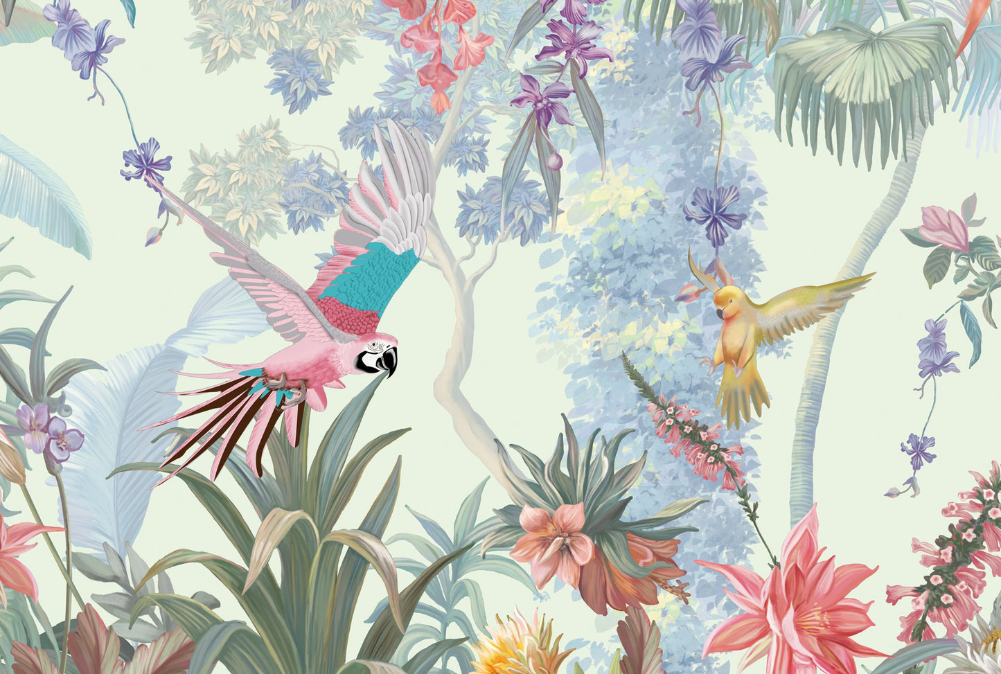 Pastel mint green vintage floral retreat mural wallpaper botanical wall design in modern living room.