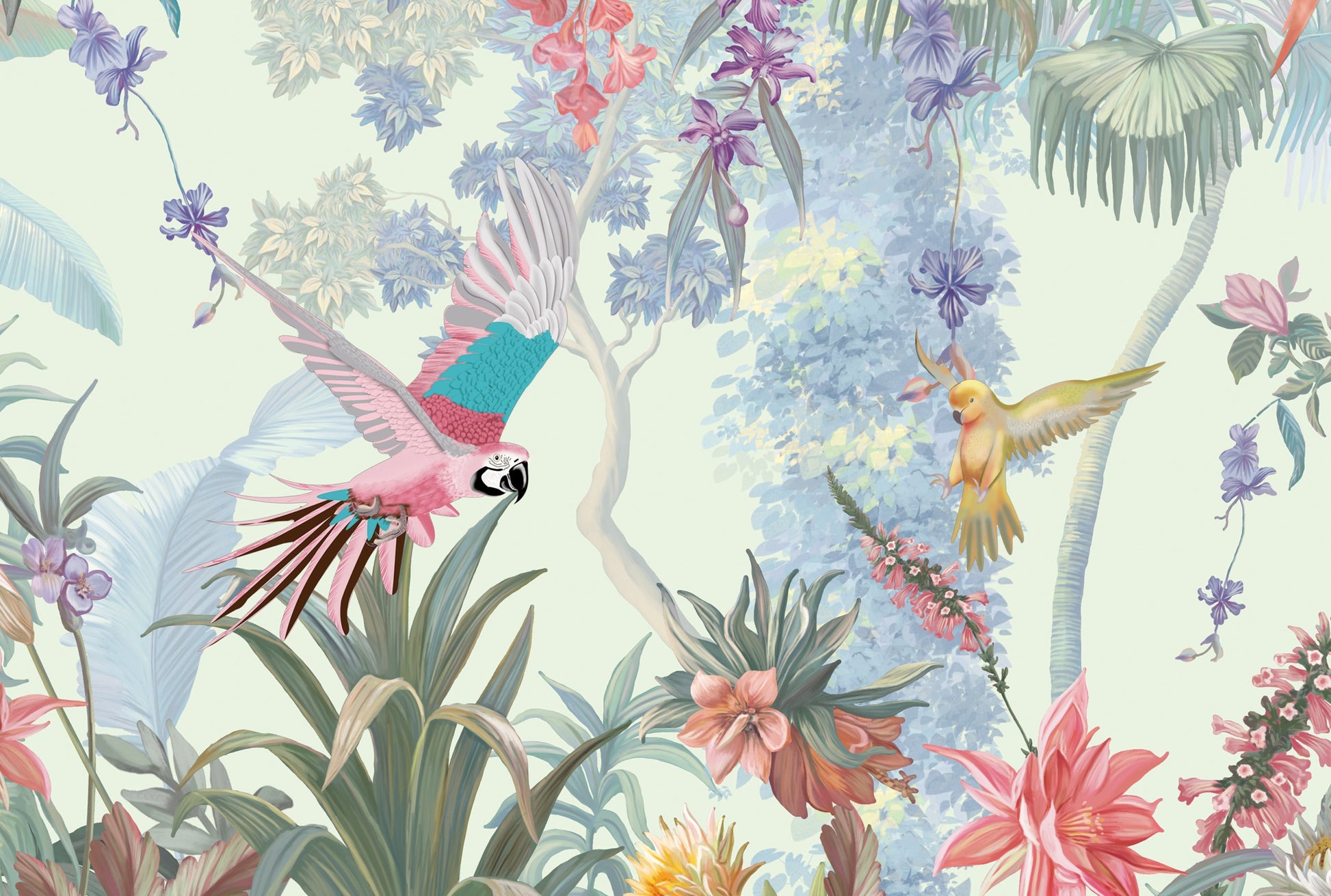 Pastel mint green vintage floral retreat mural wallpaper botanical wall design in modern living room.