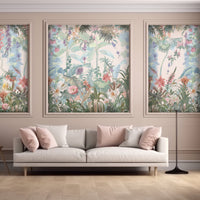 Pastel peach vintage floral retreat mural wallpaper botanical wall design in modern living room.