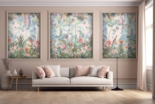 Pastel peach vintage floral retreat mural wallpaper botanical wall design in modern living room.