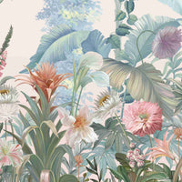Pastel peach vintage floral retreat mural wallpaper botanical wall design in modern living room.