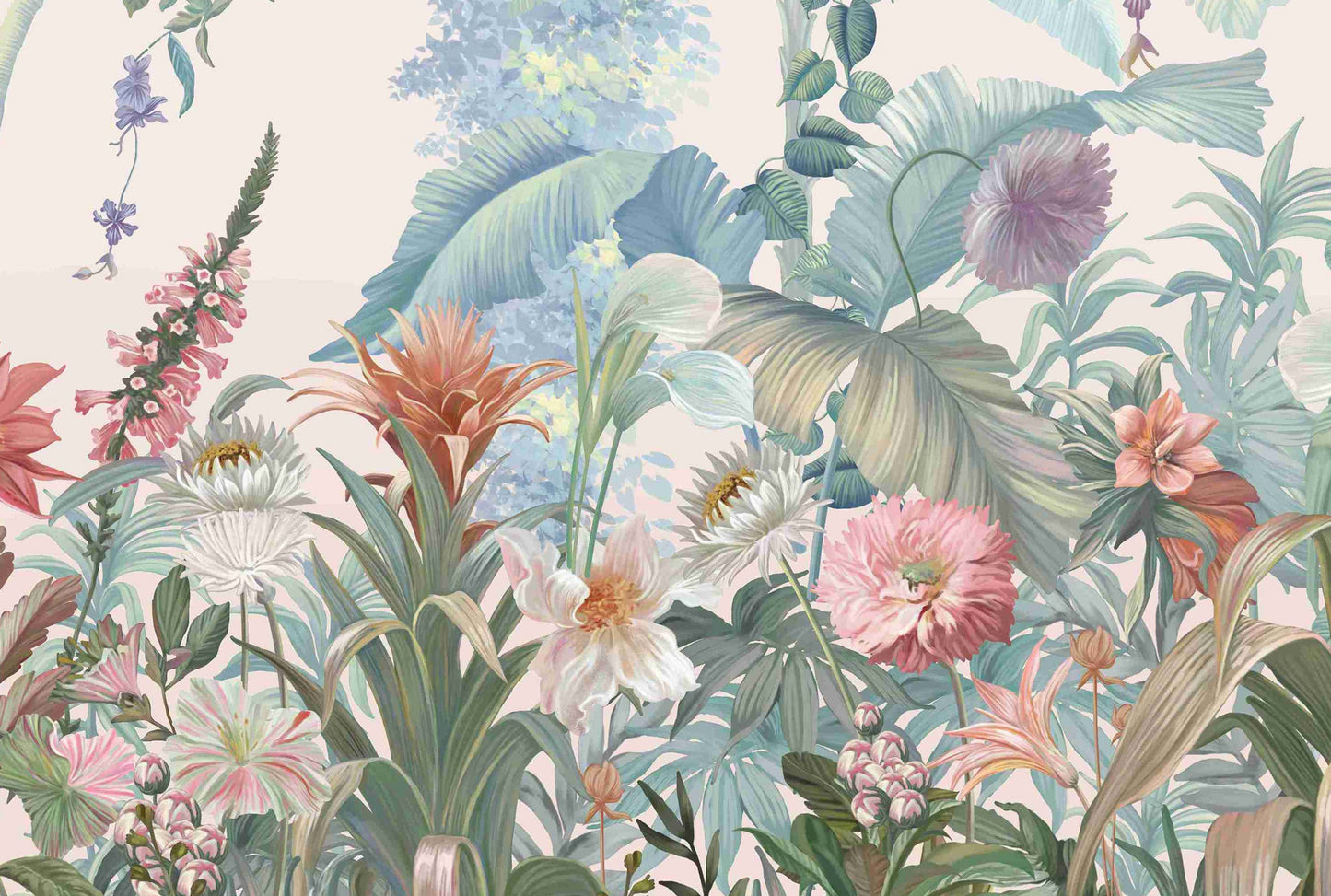 Pastel peach vintage floral retreat mural wallpaper botanical wall design in modern living room.