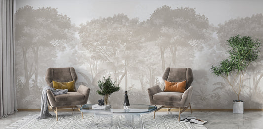 An architectural perspective of a sunlit beachside lounge featuring the Vintage Tropics Mural in Whispering Beige as a full-scale backdrop behind a light wood sectional sofa. The mural’s expansive forest scene pairs elegantly with natural jute rugs, light-toned wooden furniture, and a bright, airy coastal environment.