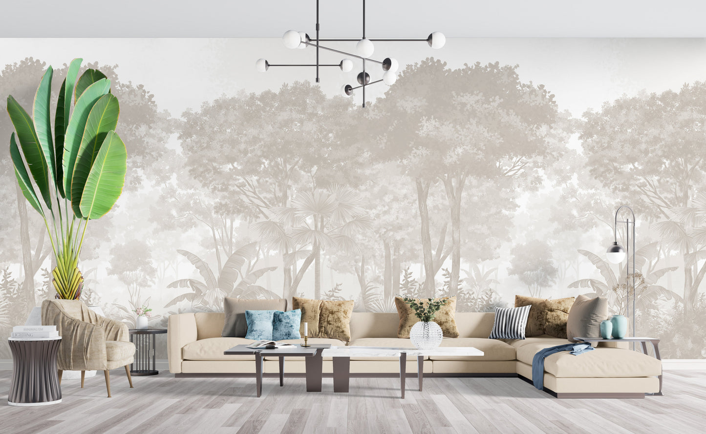 An architectural perspective of a sunlit beachside lounge featuring the Vintage Tropics Mural in Whispering Beige as a full-scale backdrop behind a light wood sectional sofa. The mural’s expansive forest scene pairs elegantly with natural jute rugs, light-toned wooden furniture, and a bright, airy coastal environment.