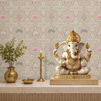 Close-up view of the Vraj Kamal wallpaper showcasing the intricate geometric damask lattice pattern, detailed white Pichwai cows, and delicate pink lotus flower motifs on a soft neutral beige background.