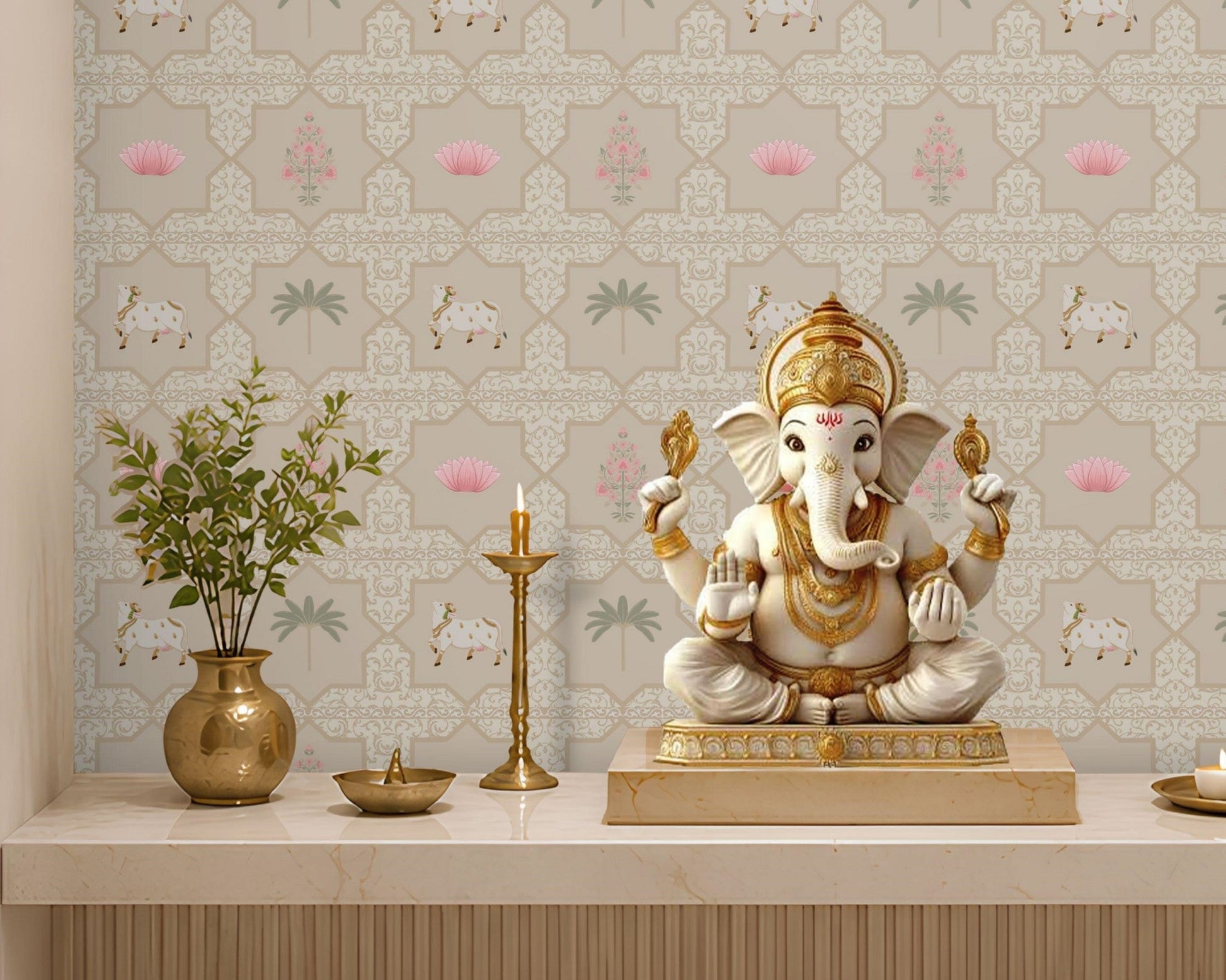 Close-up view of the Vraj Kamal wallpaper showcasing the intricate geometric damask lattice pattern, detailed white Pichwai cows, and delicate pink lotus flower motifs on a soft neutral beige background.