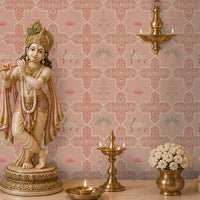 Close-up view of the Vraj Kamal wallpaper showcasing the intricate geometric damask lattice pattern, detailed white Pichwai cows, and delicate pink lotus flower motifs on a soft rose pink background.