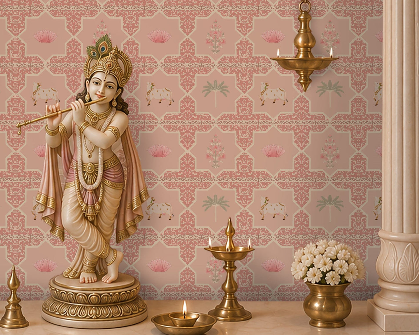 Close-up view of the Vraj Kamal wallpaper showcasing the intricate geometric damask lattice pattern, detailed white Pichwai cows, and delicate pink lotus flower motifs on a soft rose pink background.
