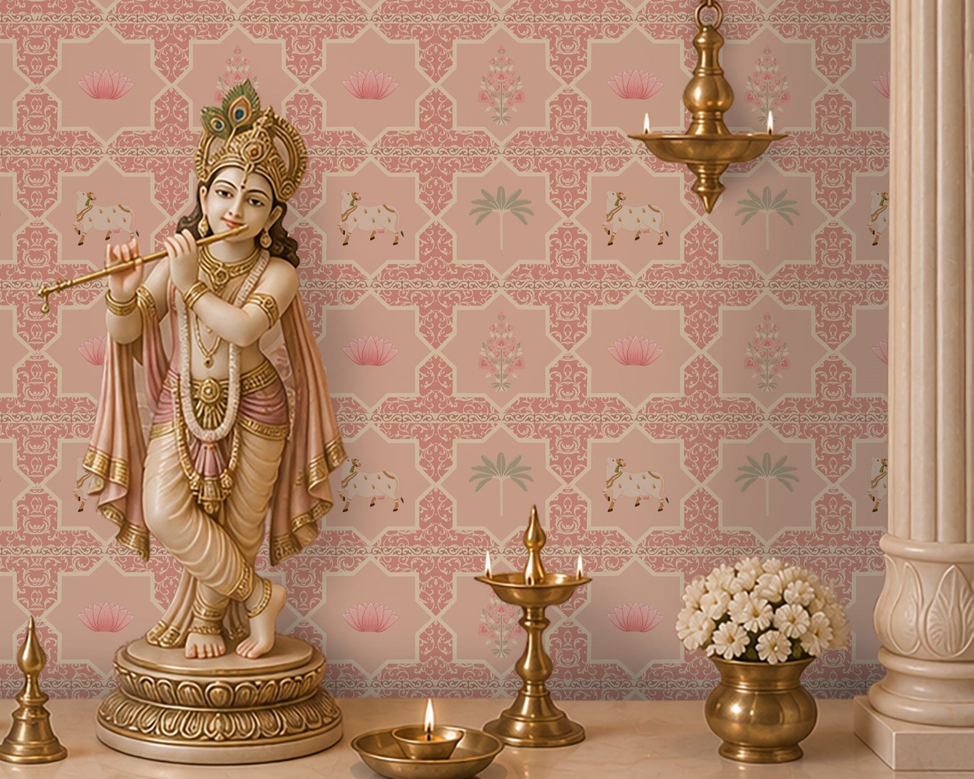 Close-up view of the Vraj Kamal wallpaper showcasing the intricate geometric damask lattice pattern, detailed white Pichwai cows, and delicate pink lotus flower motifs on a soft rose pink background.