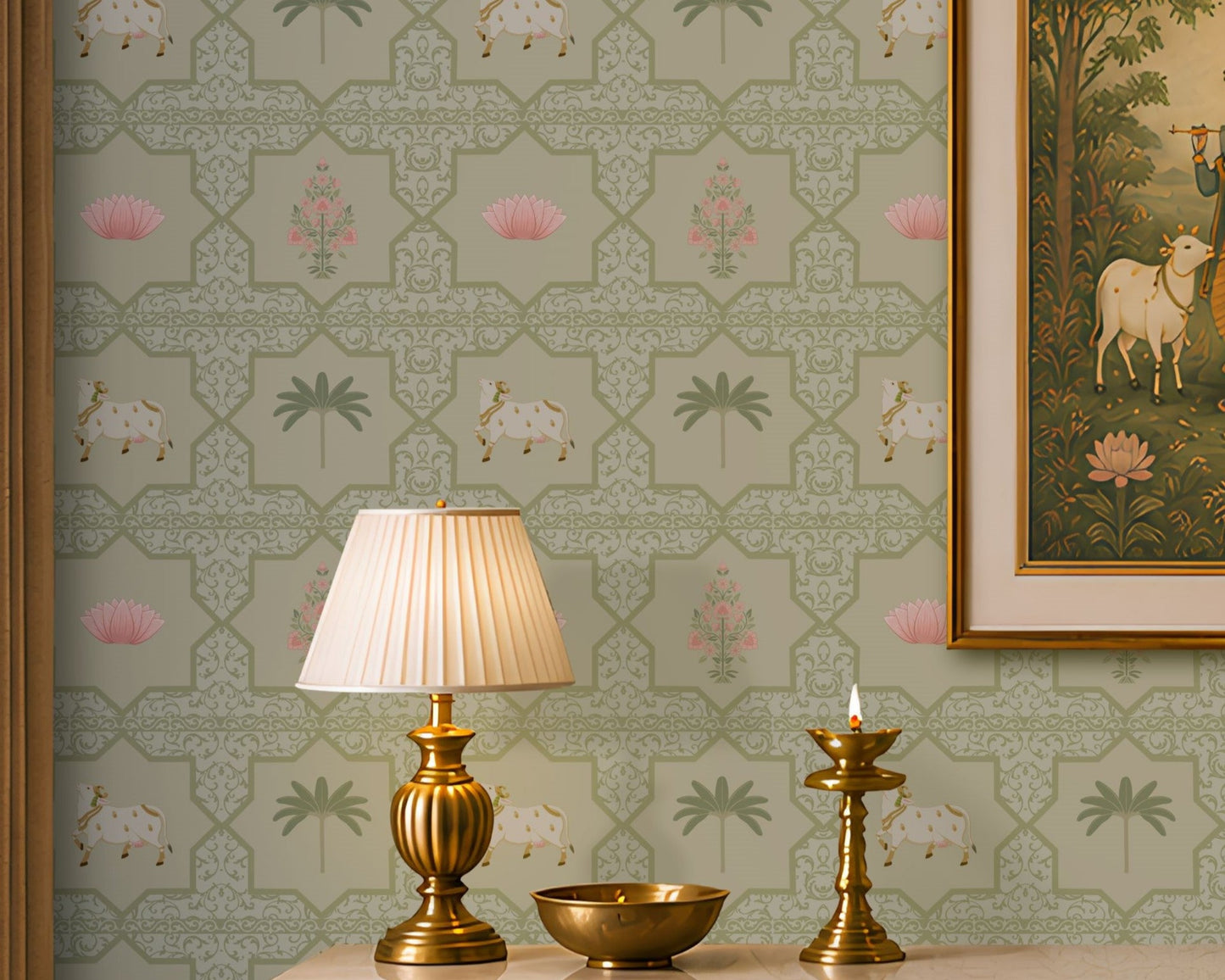Close-up view of the Vraj Kamal wallpaper showcasing the intricate geometric damask lattice pattern, detailed white Pichwai cows, and delicate pink lotus flower motifs on a soft mint green background.