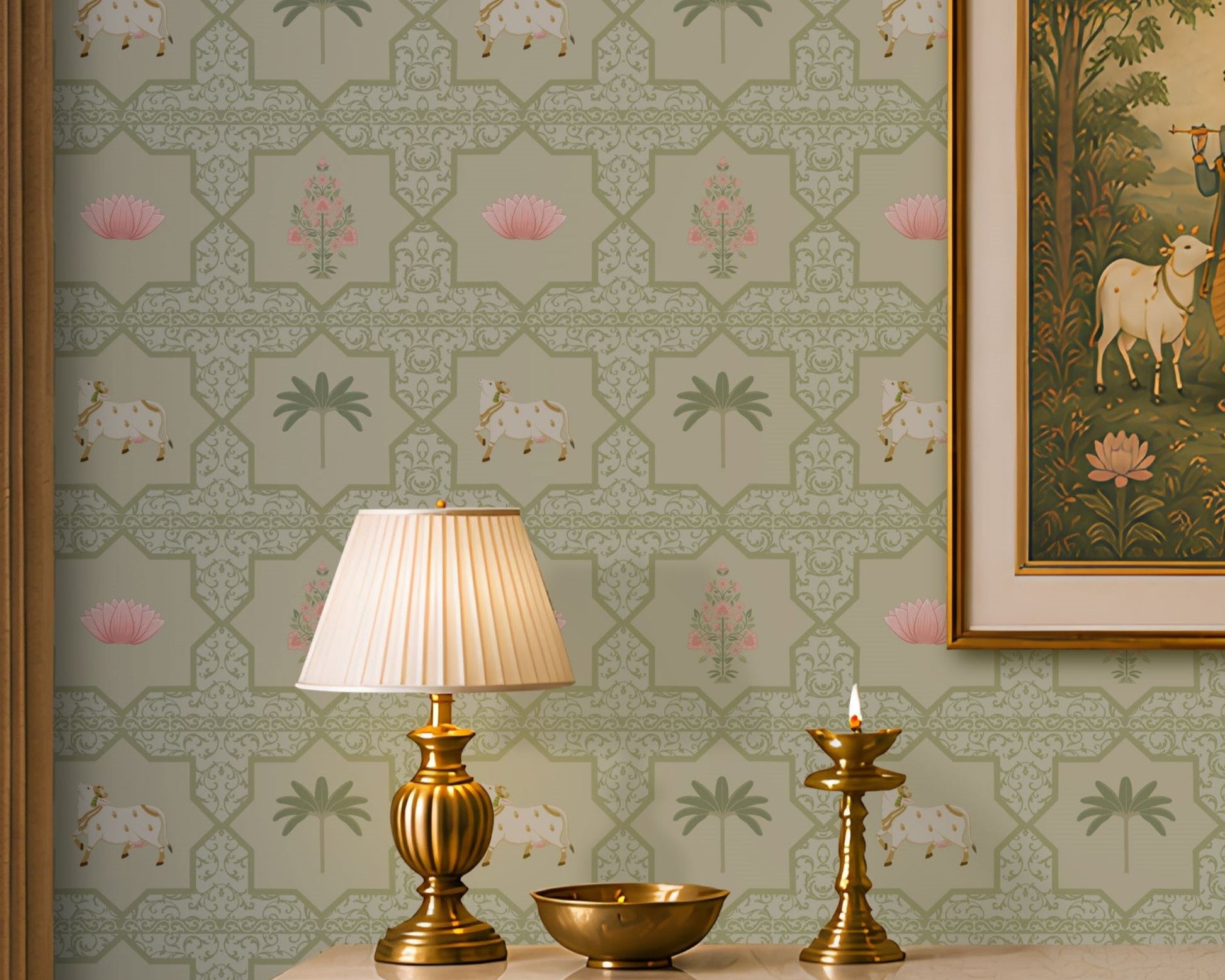 Close-up view of the Vraj Kamal wallpaper showcasing the intricate geometric damask lattice pattern, detailed white Pichwai cows, and delicate pink lotus flower motifs on a soft mint green background.