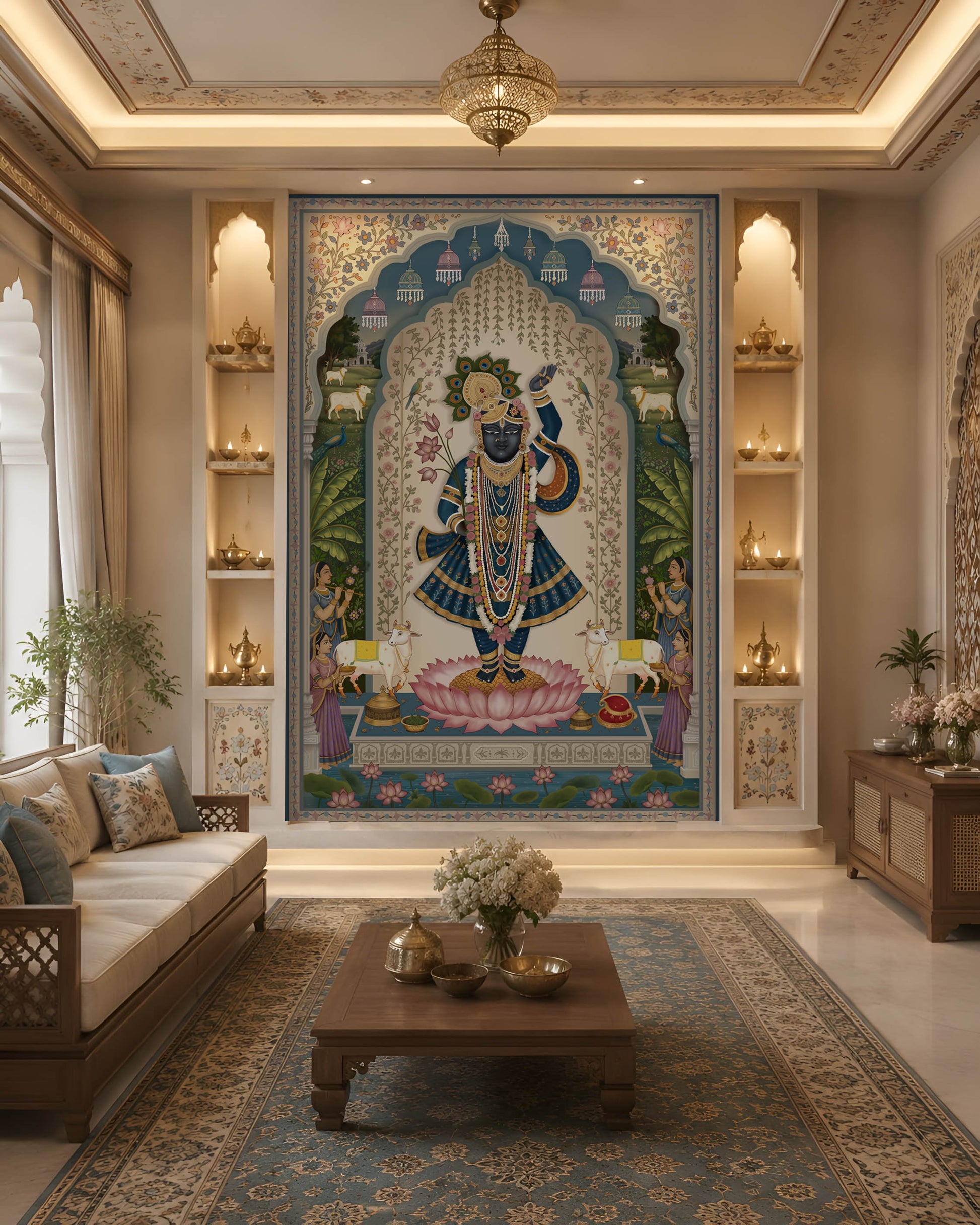 Persian Floral Panels wallpaper in Ivory Red & Pink featuring elegant arched botanical panels, delicate floral artwork, and intricate Persian-inspired borders in soft ivory, blush pink, and deep burgundy tones, showcased in a luxurious classic dining room with ornate wooden furniture and traditional décor.