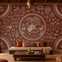 Warli Divine Harmony - Burnt Terracotta Red wallpaper featuring intricate white Warli tribal artwork with a central Radha Krishna motif, traditional village scenes, dancing figures, trees, huts, and decorative borders. Set in a warm Indian heritage-inspired living room with carved wooden furniture, earthy textiles, and elegant terracotta tones.