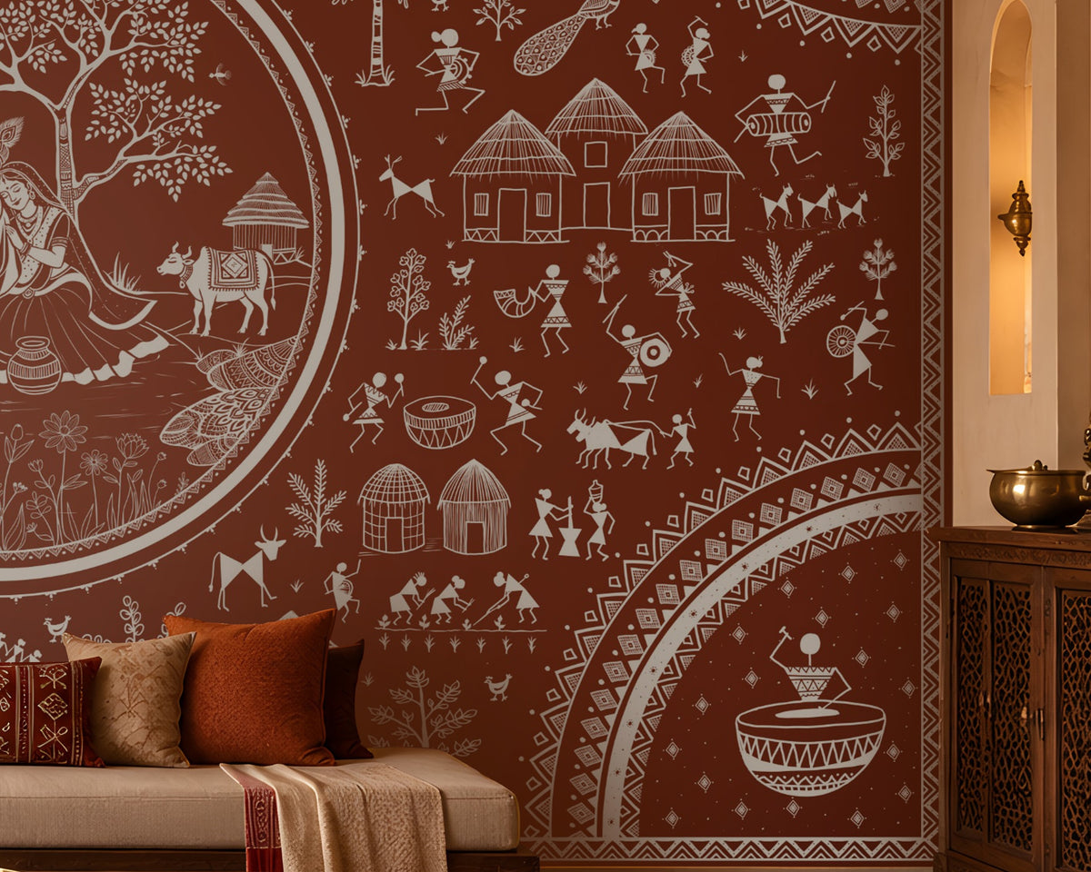 Warli Divine Harmony - Burnt Terracotta Red wallpaper featuring intricate white Warli tribal artwork with a central Radha Krishna motif, traditional village scenes, dancing figures, trees, huts, and decorative borders. Set in a warm Indian heritage-inspired living room with carved wooden furniture, earthy textiles, and elegant terracotta tones. 