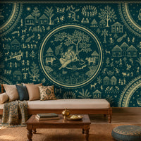 Warli Divine Harmony - Deep Peacock Teal seamless wallpaper featuring intricate Warli tribal art with a central Radha Krishna motif, village life scenes, trees, animals, and traditional patterns in beige-gold detailing on a rich deep peacock teal background, styled in an elegant Indian heritage living room.