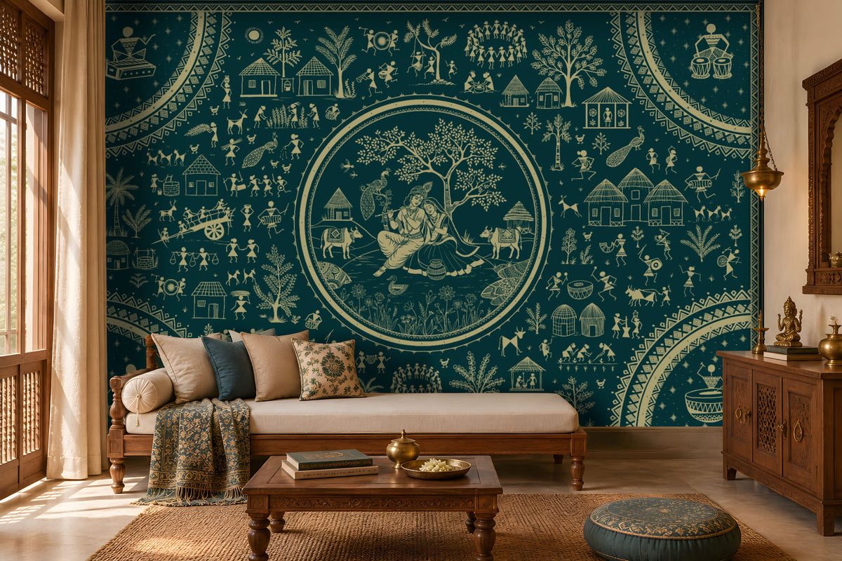 Warli Divine Harmony - Deep Peacock Teal seamless wallpaper featuring intricate Warli tribal art with a central Radha Krishna motif, village life scenes, trees, animals, and traditional patterns in beige-gold detailing on a rich deep peacock teal background, styled in an elegant Indian heritage living room.