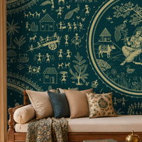 Warli Divine Harmony - Deep Peacock Teal seamless wallpaper featuring intricate Warli tribal art with a central Radha Krishna motif, village life scenes, trees, animals, and traditional patterns in beige-gold detailing on a rich deep peacock teal background, styled in an elegant Indian heritage living room.