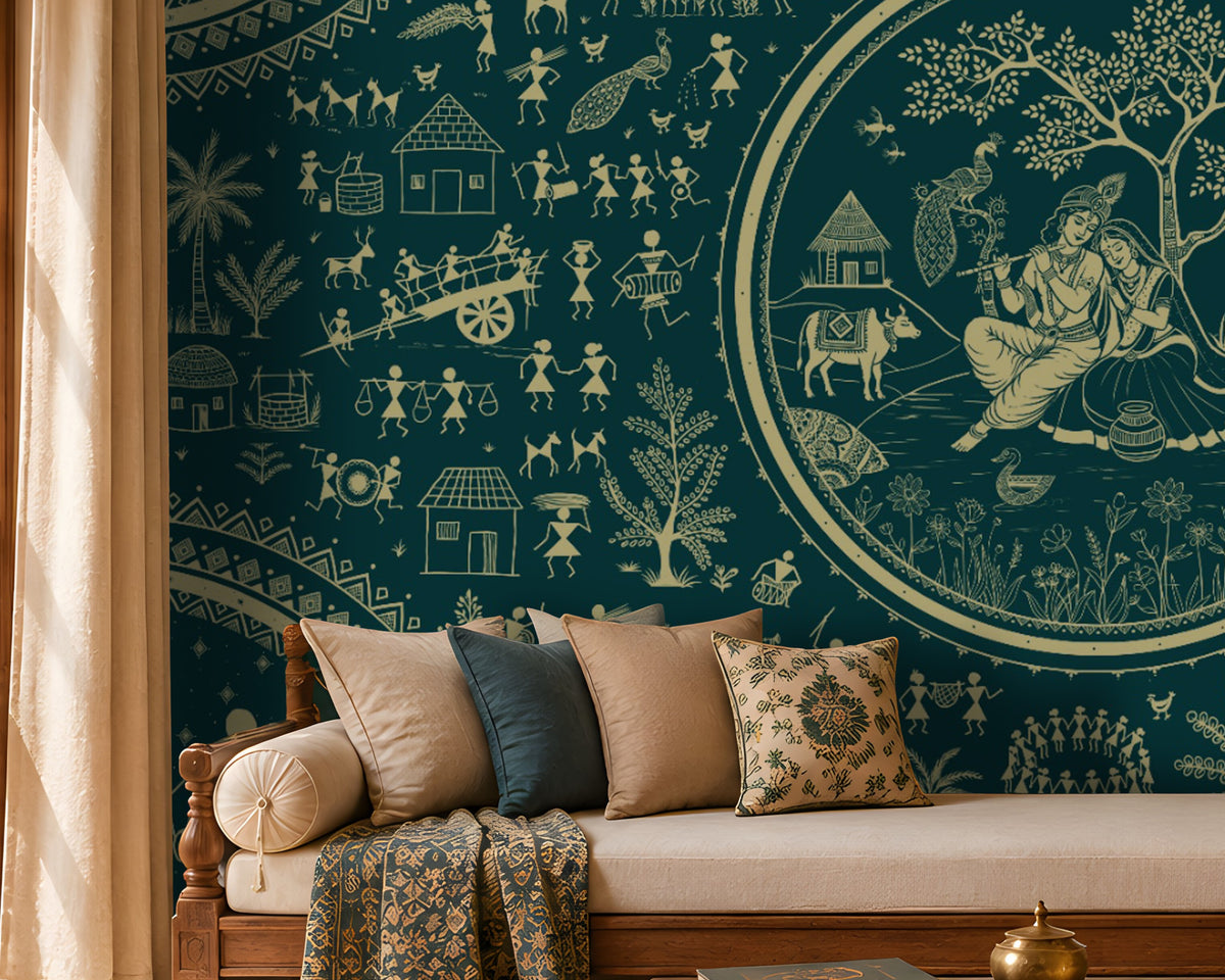 Warli Divine Harmony - Deep Peacock Teal seamless wallpaper featuring intricate Warli tribal art with a central Radha Krishna motif, village life scenes, trees, animals, and traditional patterns in beige-gold detailing on a rich deep peacock teal background, styled in an elegant Indian heritage living room.