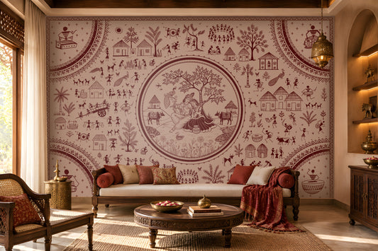 Warli Divine Harmony - Dusty Rose Pink Elegant Warli art seamless wallpaper in soft blush beige and terracotta red, featuring intricate tribal illustrations of village life, dancers, trees, huts, animals, and a central Radha Krishna-inspired motif, styled in a luxurious Indian living room with carved wooden furniture and warm ambient lighting.
