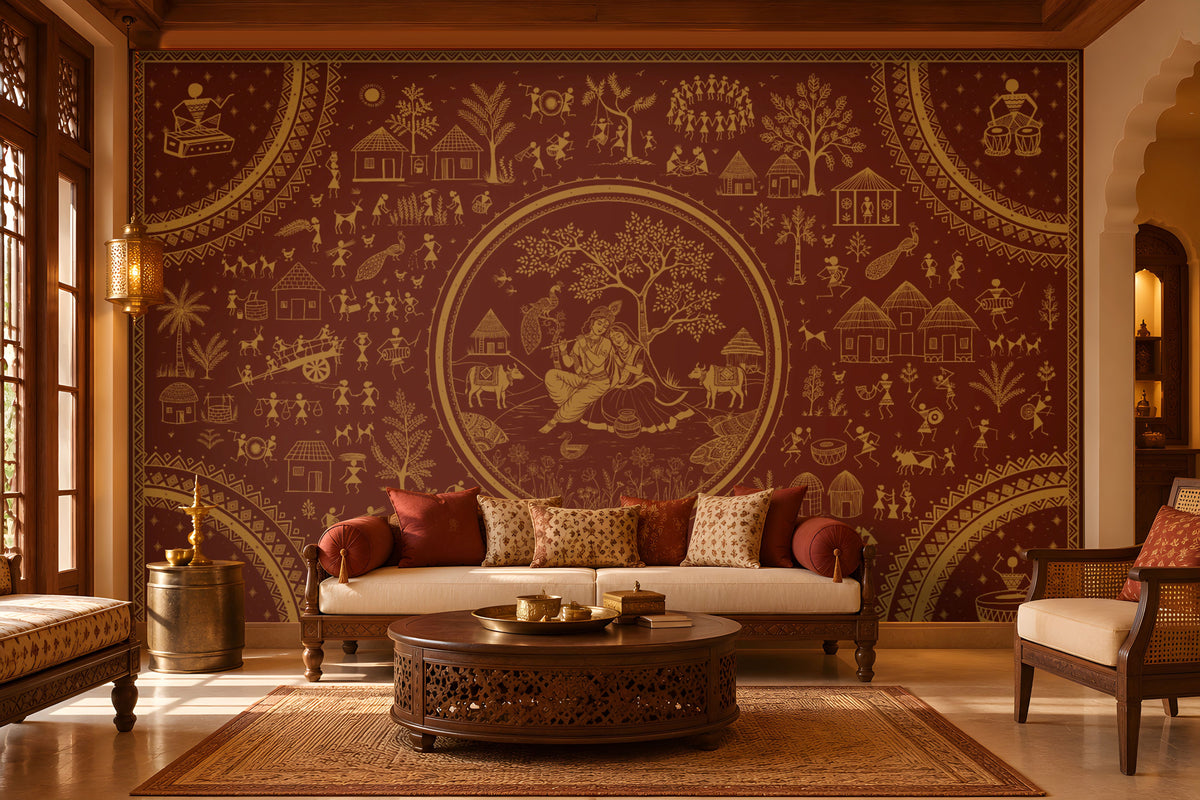 Warli Divine Harmony - Royal Maroon Traditional Warli art seamless wallpaper in burnt terracotta brown featuring intricate ivory tribal motifs, village scenes, huts, trees, peacocks, dancers, and a central Radha Krishna-inspired illustration, styled in an elegant Indian heritage living room with carved wooden furniture and warm earthy décor. 