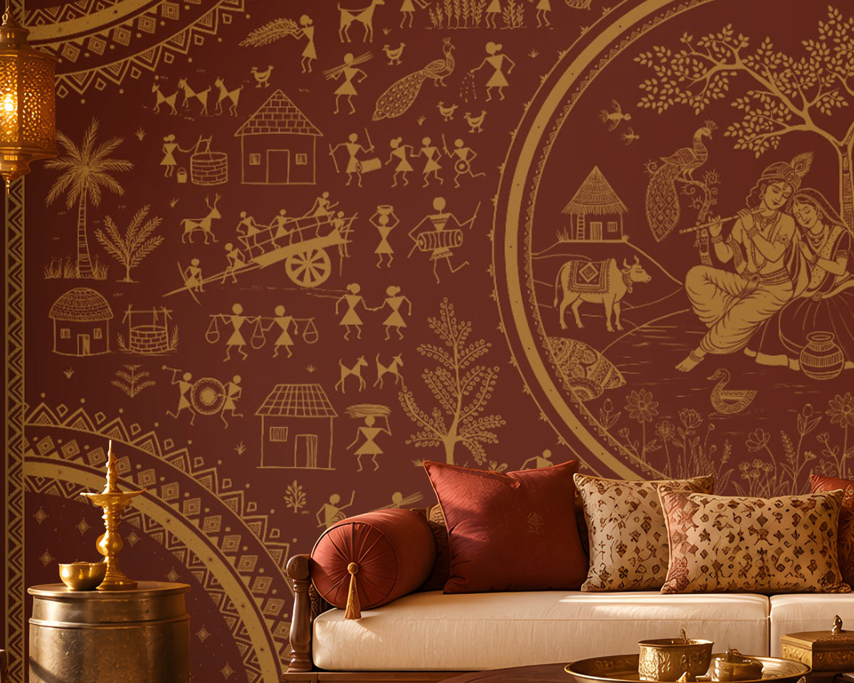 Warli Divine Harmony - Royal Maroon Traditional Warli art seamless wallpaper in burnt terracotta brown featuring intricate ivory tribal motifs, village scenes, huts, trees, peacocks, dancers, and a central Radha Krishna-inspired illustration, styled in an elegant Indian heritage living room with carved wooden furniture and warm earthy décor.