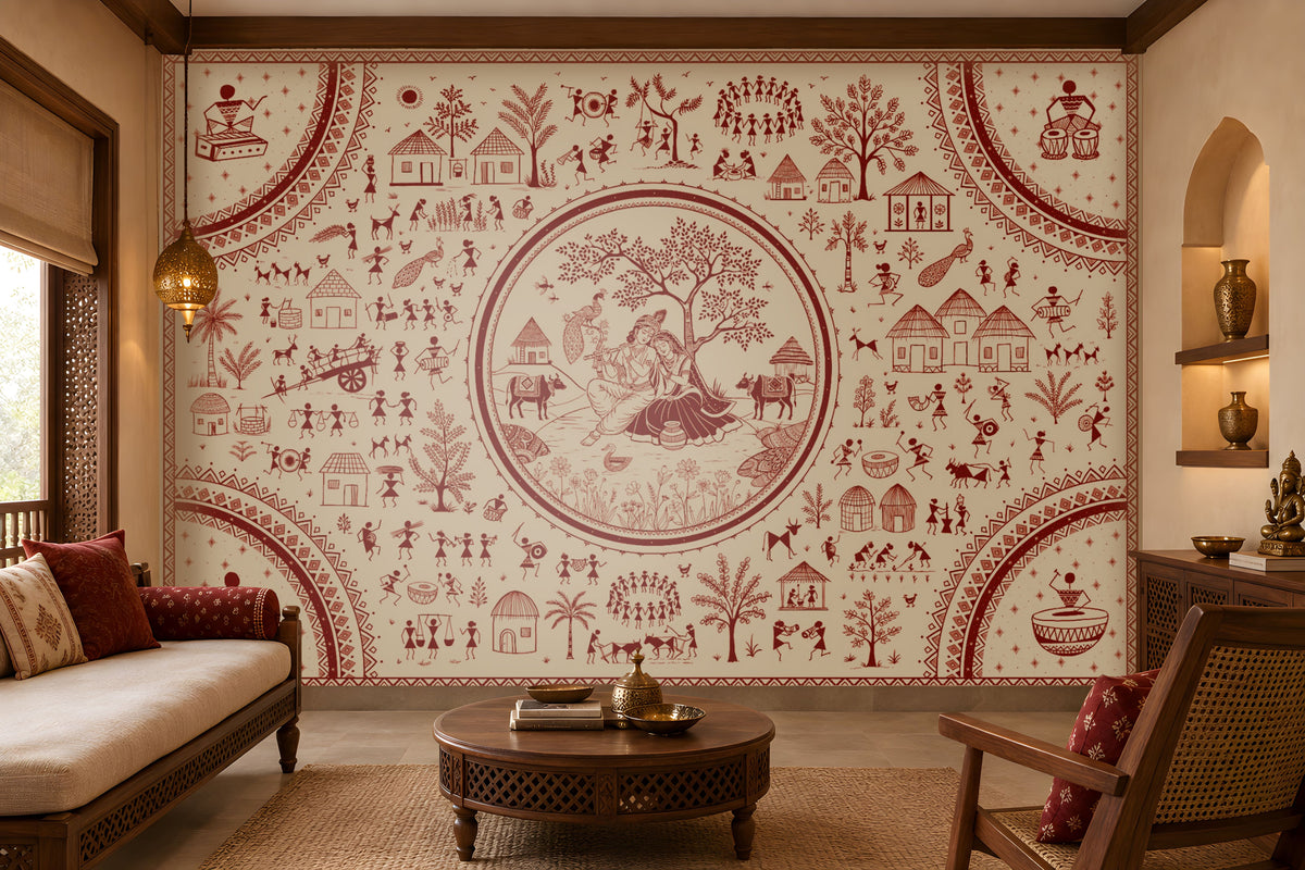 Warli Divine Harmony - Warm Ivory seamless wallpaper featuring intricate Warli tribal art with a central Radha Krishna motif, surrounded by village scenes, trees, huts, dancers, animals, and geometric borders in terracotta red on a warm ivory background. Displayed in a traditional Indian living room with carved wooden furniture and ethnic décor.