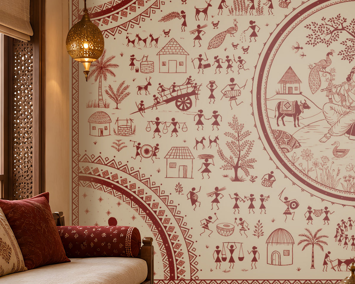 Warli Divine Harmony - Warm Ivory seamless wallpaper featuring intricate Warli tribal art with a central Radha Krishna motif, surrounded by village scenes, trees, huts, dancers, animals, and geometric borders in terracotta red on a warm ivory background. Displayed in a traditional Indian living room with carved wooden furniture and ethnic décor.