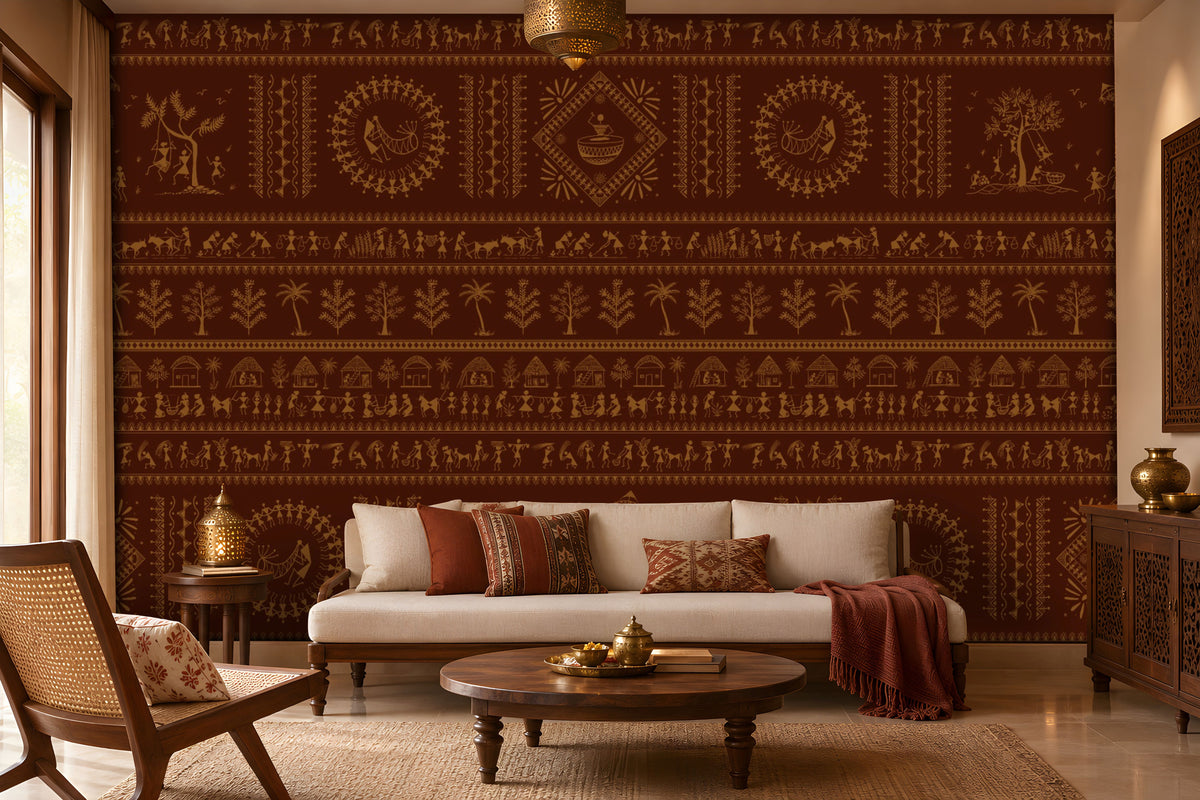 A traditional Indian living room titled “Warli Folk Tales – Vintage Reddish Brown.” The focal wall is covered in deep reddish-brown wallpaper with intricate golden tribal art depicting dancing figures, farming scenes, huts, animals, and trees arranged in horizontal bands. A beige upholstered sofa with patterned earthy cushions sits beside a woven chair with a floral cushion, centered around a round wooden coffee table adorned with brass decorative items. Warm lighting from a brass hanging lamp and table.