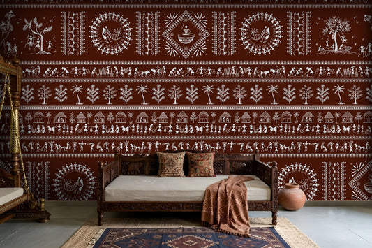 A traditional Indian living room titled “Warli Folk Tales – Vintage Reddish Brown.” The focal wall is painted in a deep reddish-brown shade and decorated with intricate white Warli tribal art depicting village life, including dancing figures, farming scenes, animals, trees, and geometric motifs. A carved wooden daybed with patterned cushions and a brown throw blanket sits against the wall, accompanied by a clay pot on the floor and a woven rug with geometric designs. The warm, earthy palette and handcrafted
