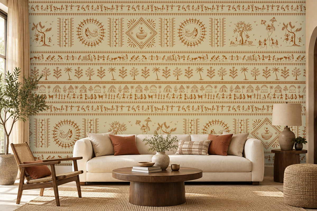 A contemporary Indian living room titled “Warli Folk Tales – Vintage Beige Brown.” The focal wall is painted beige and decorated with intricate brown Warli tribal art featuring human figures, animals, huts, trees, and geometric motifs arranged in horizontal bands. A white sofa with beige and rust-colored cushions sits beside a wooden armchair with a woven seat, centered around a round wooden coffee table with decorative items. A side table with a lamp and potted plants add warmth and greenery, while natural