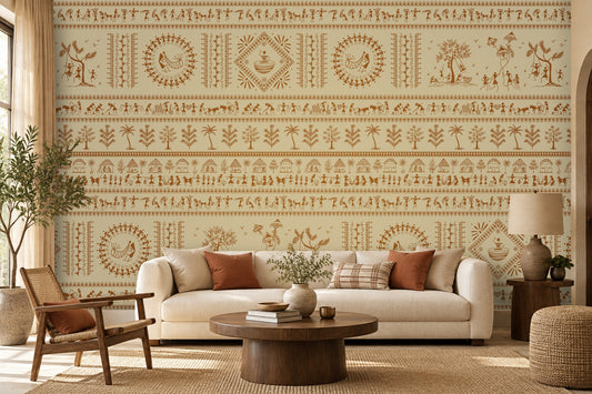 A contemporary Indian living room titled “Warli Folk Tales – Vintage Beige Brown.” The focal wall is painted beige and decorated with intricate brown Warli tribal art featuring human figures, animals, huts, trees, and geometric motifs arranged in horizontal bands. A white sofa with beige and rust-colored cushions sits beside a wooden armchair with a woven seat, centered around a round wooden coffee table with decorative items. A side table with a lamp and potted plants add warmth and greenery, while natural