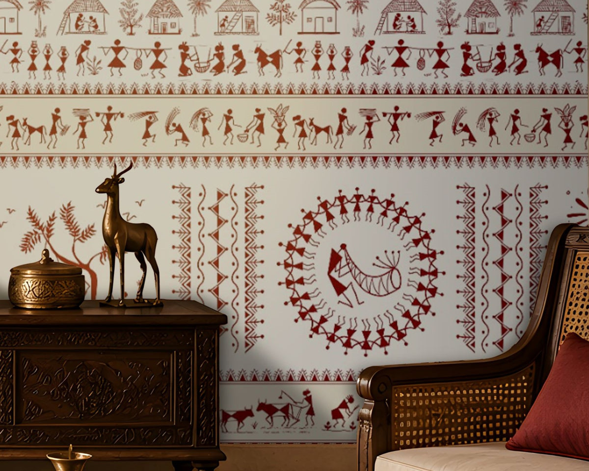 A traditional Indian living room titled “Warli Folk Tales – Vintage Red on White.” The focal wall is painted white and adorned with intricate earthy red Warli tribal art depicting village life, including dancing figures, farming scenes, huts, animals, and trees arranged in horizontal bands. Wooden furniture with ornate carvings, brass decorative items, and a patterned rug enhance the cultural richness, while soft lighting creates a warm and inviting atmosphere. The design blends indigenous artistry.