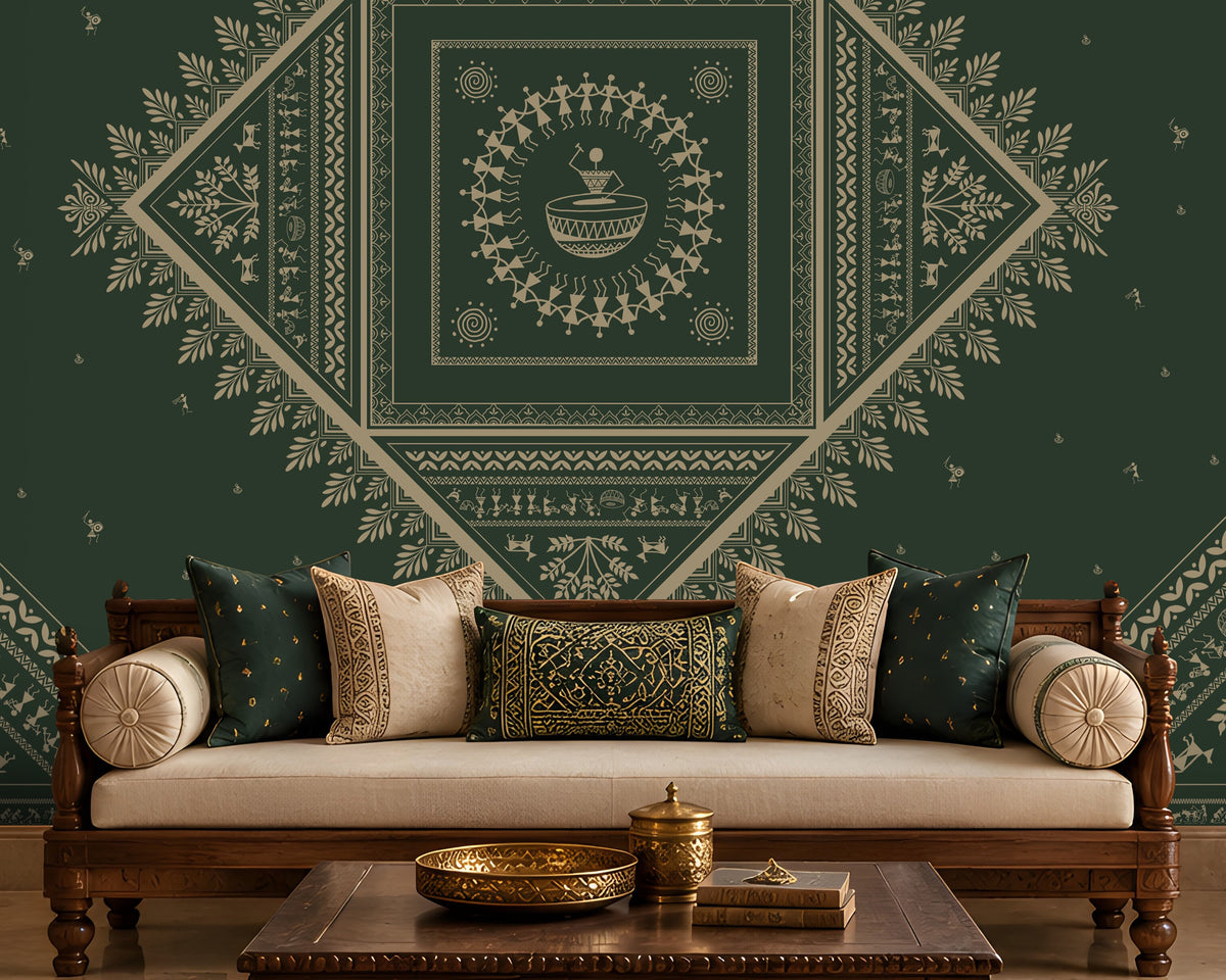 A styled living room featuring a large dark green wall mural with intricate cream-colored traditional geometric and floral patterns. In front of the wall is a wooden sofa with cream cushions, a dark wood coffee table, and a matching armchair.