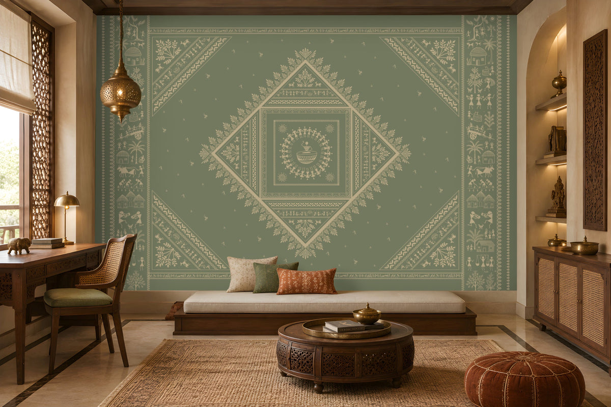 A large decorative wall mural with a symmetrical mandala and geometric tribal pattern in muted sage green and cream, installed in a styled living room with a daybed, wooden furniture, and warm ambient lighting.