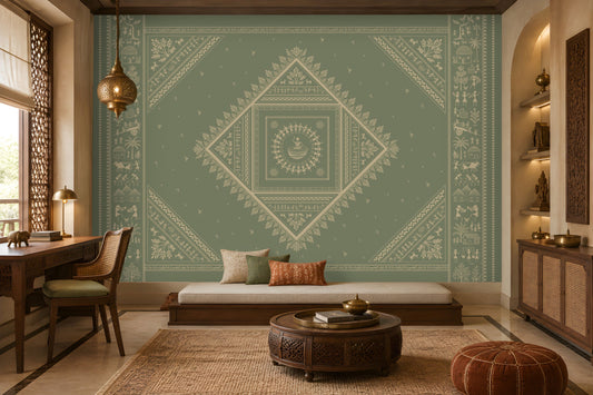 A large decorative wall mural with a symmetrical mandala and geometric tribal pattern in muted sage green and cream, installed in a styled living room with a daybed, wooden furniture, and warm ambient lighting.