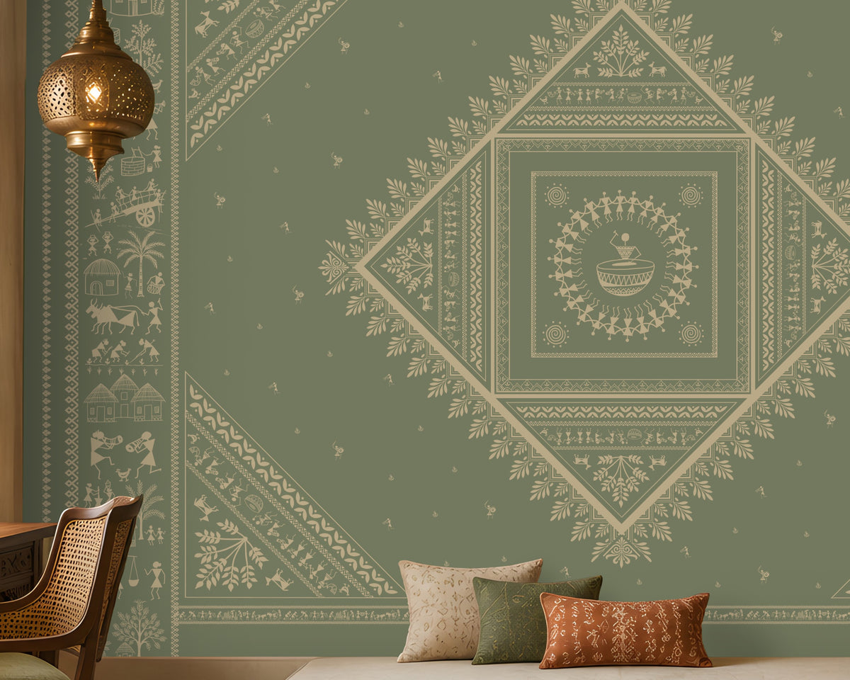 A large decorative wall mural with a symmetrical mandala and geometric tribal pattern in muted sage green and cream, installed in a styled living room with a daybed, wooden furniture, and warm ambient lighting.