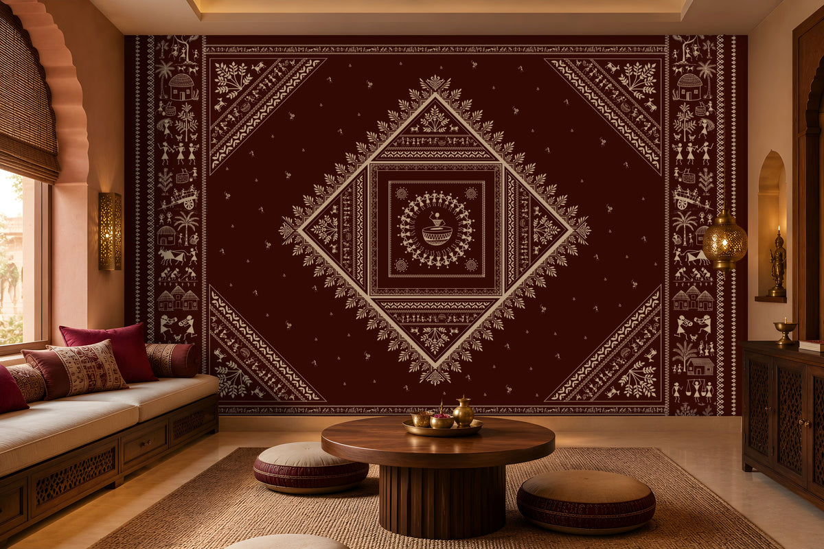 A large wall tapestry with an intricate geometric and tribal pattern in deep maroon and cream, displayed in a styled living room setting with a wooden coffee table, poufs, and a daybed.